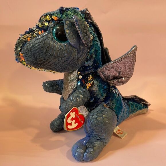 Ty Flippables 2019 Kate the Blue Silver Dragon 9” tall Good Used Condition flaws - Picture 1 of 13